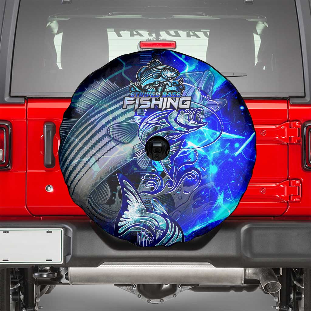 Blue Lightning Striped Bass Spare Tire Cover Power Surge Fishing Hook Electric Print - Wonder Print Shop