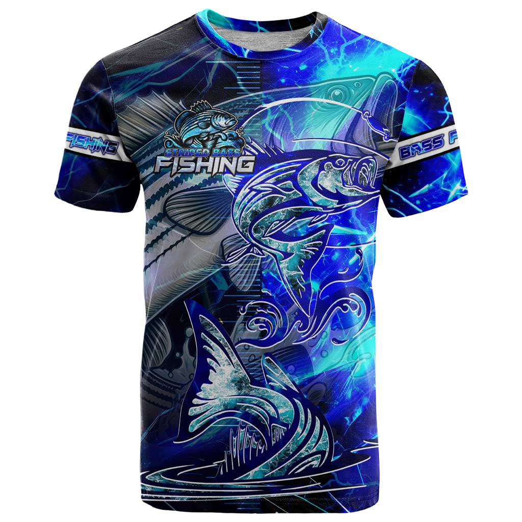 Blue Lightning Striped Bass T Shirt Power Surge Fishing Hook Electric Print - Wonder Print Shop