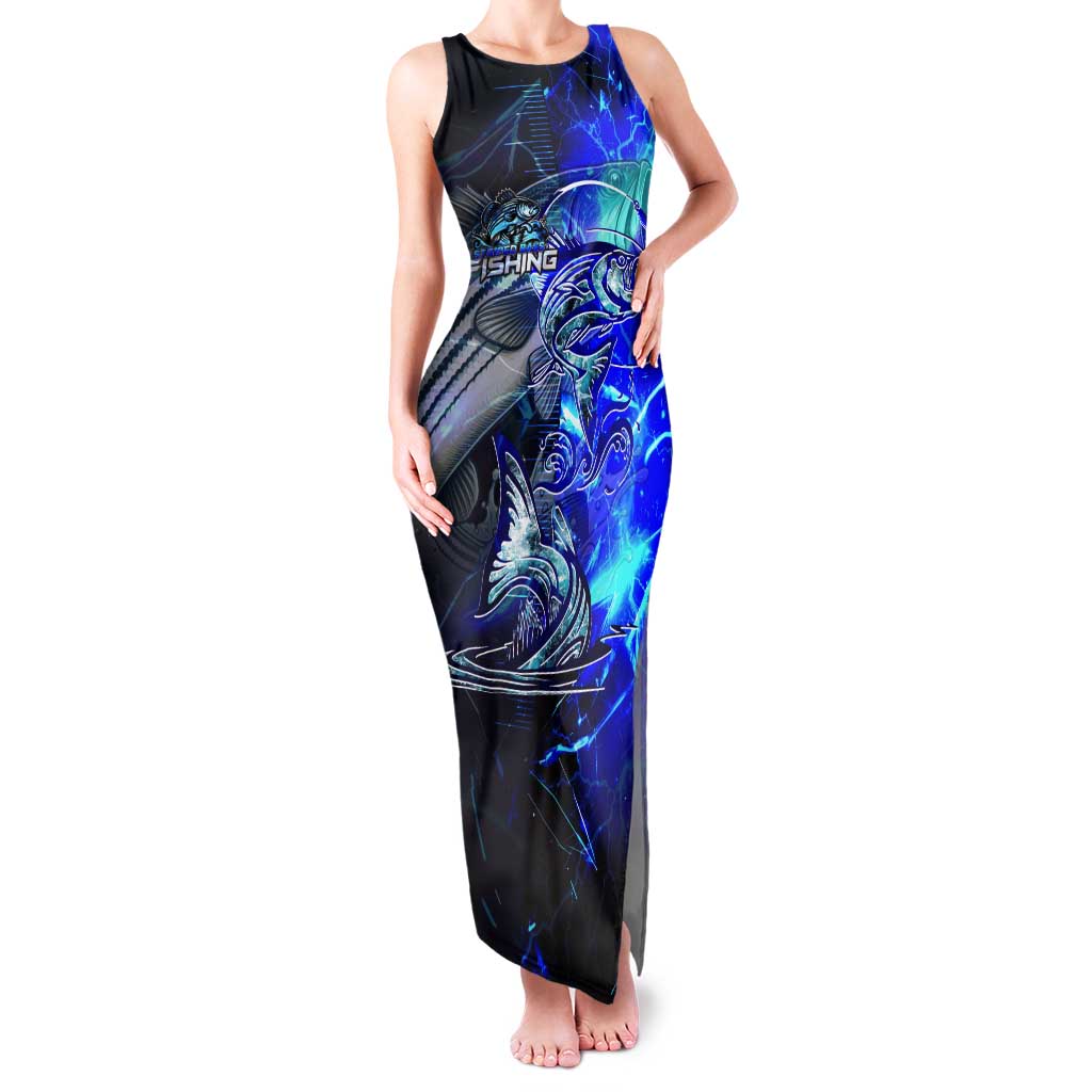 Blue Lightning Striped Bass Tank Maxi Dress Power Surge Fishing Hook Electric Print - Wonder Print Shop