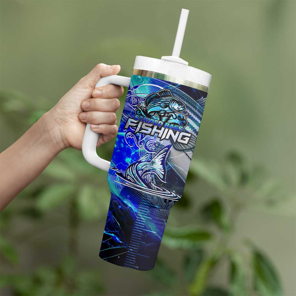 Blue Lightning Striped Bass Tumbler With Handle Power Surge Fishing Hook Electric Print - Wonder Print Shop