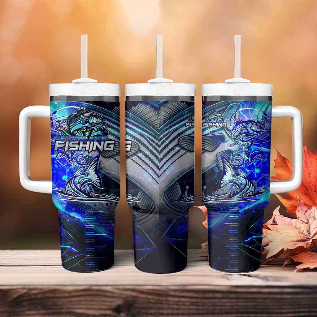 Blue Lightning Striped Bass Tumbler With Handle Power Surge Fishing Hook Electric Print - Wonder Print Shop