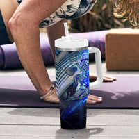Blue Lightning Striped Bass Tumbler With Handle Power Surge Fishing Hook Electric Print - Wonder Print Shop