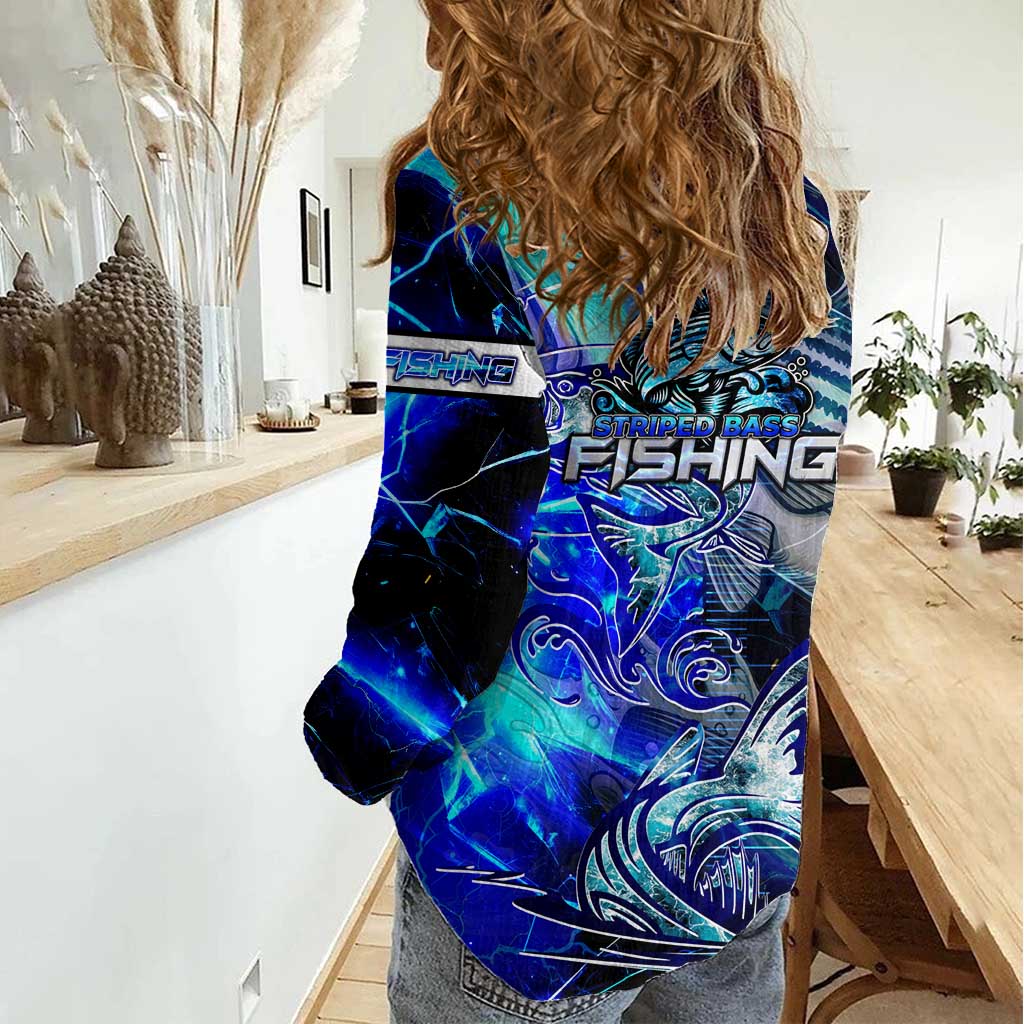 Blue Lightning Striped Bass Women Casual Shirt Power Surge Fishing Hook Electric Print - Wonder Print Shop
