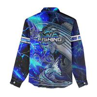 Blue Lightning Striped Bass Women Casual Shirt Power Surge Fishing Hook Electric Print - Wonder Print Shop