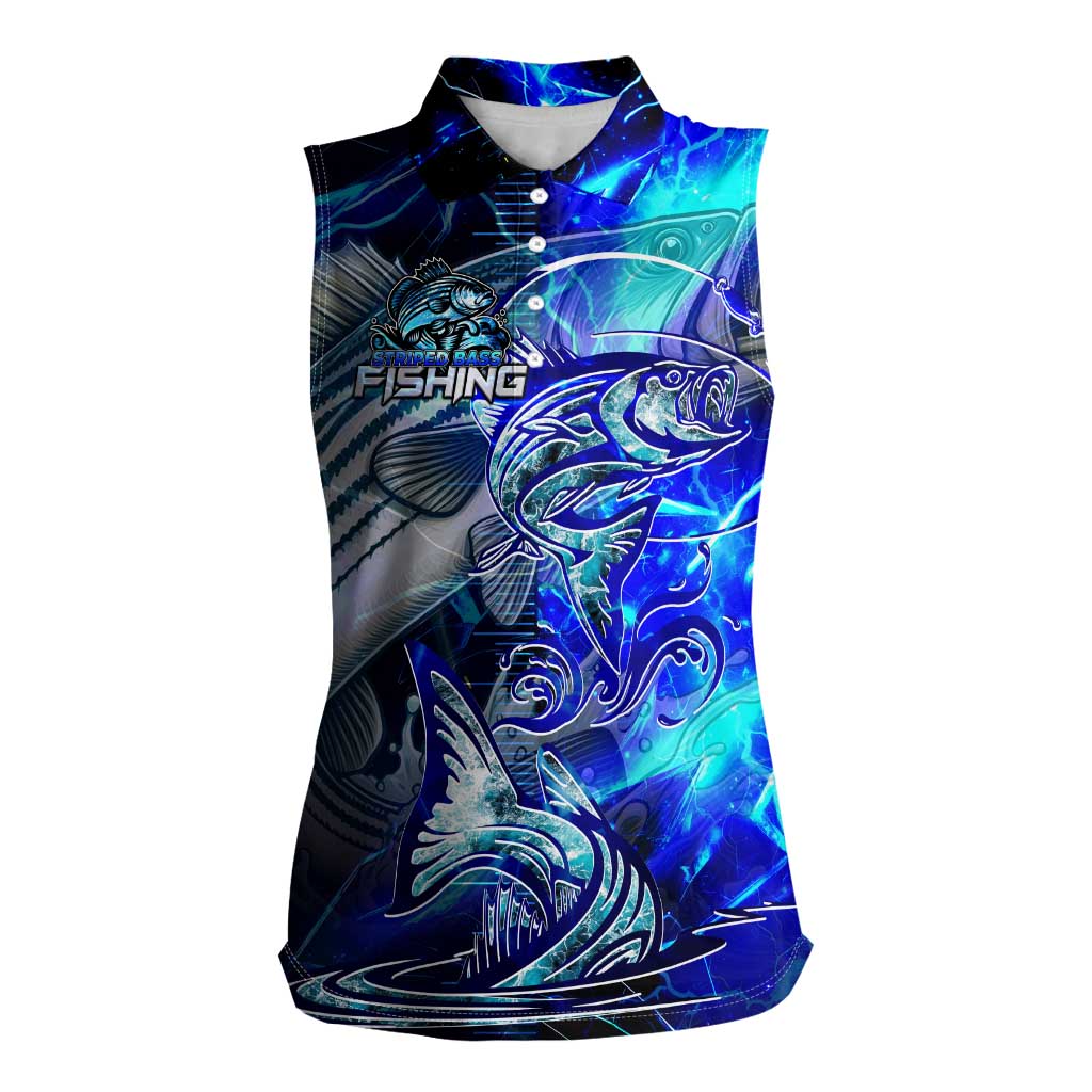 Blue Lightning Striped Bass Women Sleeveless Polo Shirt Power Surge Fishing Hook Electric Print - Wonder Print Shop