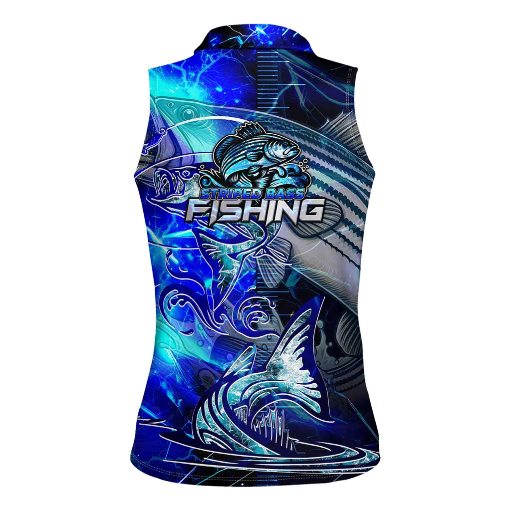 Blue Lightning Striped Bass Women Sleeveless Polo Shirt Power Surge Fishing Hook Electric Print - Wonder Print Shop
