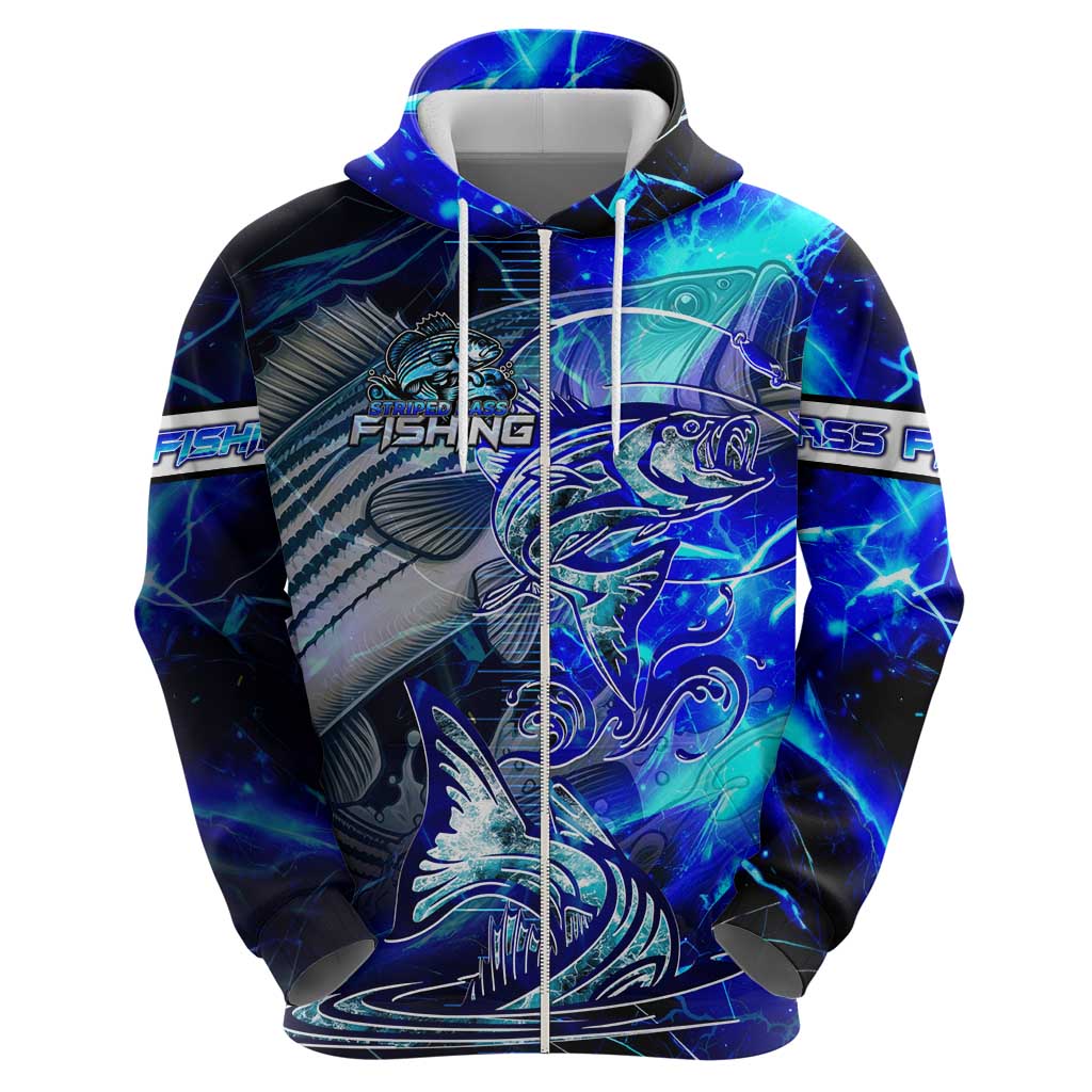 Blue Lightning Striped Bass Zip Hoodie Power Surge Fishing Hook Electric Print - Wonder Print Shop