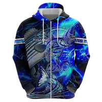Blue Lightning Striped Bass Zip Hoodie Power Surge Fishing Hook Electric Print - Wonder Print Shop