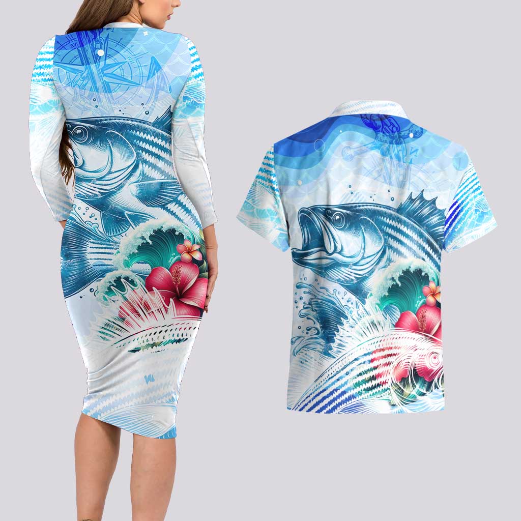Striped Bass Whisperer Couples Matching Long Sleeve Bodycon Dress and Hawaiian Shirt Tropical Wave Fishing Design - Wonder Print Shop