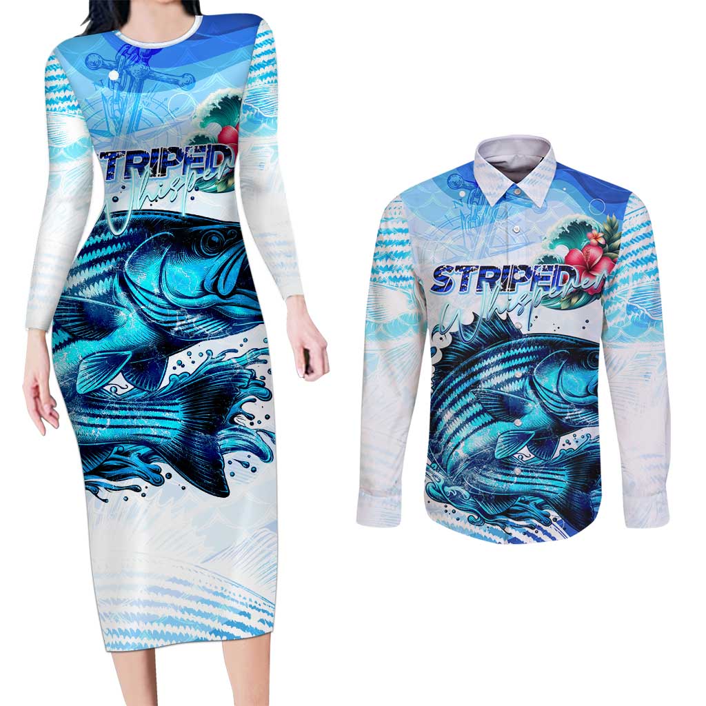 Striped Bass Whisperer Couples Matching Long Sleeve Bodycon Dress and Long Sleeve Button Shirt Tropical Wave Fishing Design - Wonder Print Shop