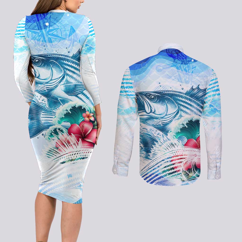Striped Bass Whisperer Couples Matching Long Sleeve Bodycon Dress and Long Sleeve Button Shirt Tropical Wave Fishing Design - Wonder Print Shop