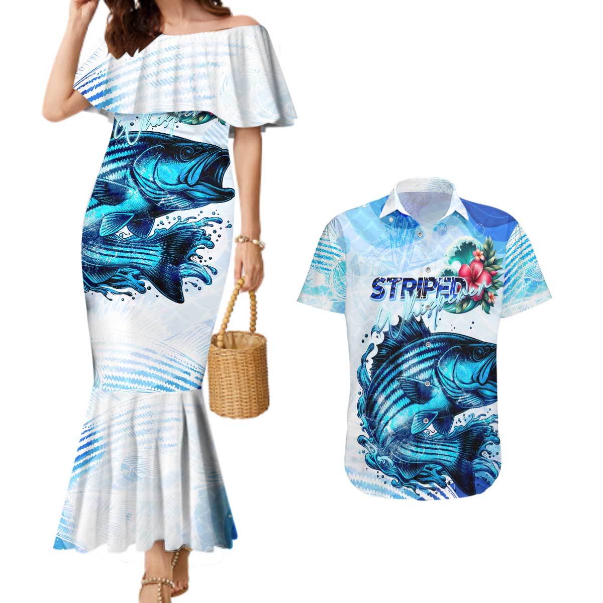 Striped Bass Whisperer Couples Matching Mermaid Dress and Hawaiian Shirt Tropical Wave Fishing Design - Wonder Print Shop