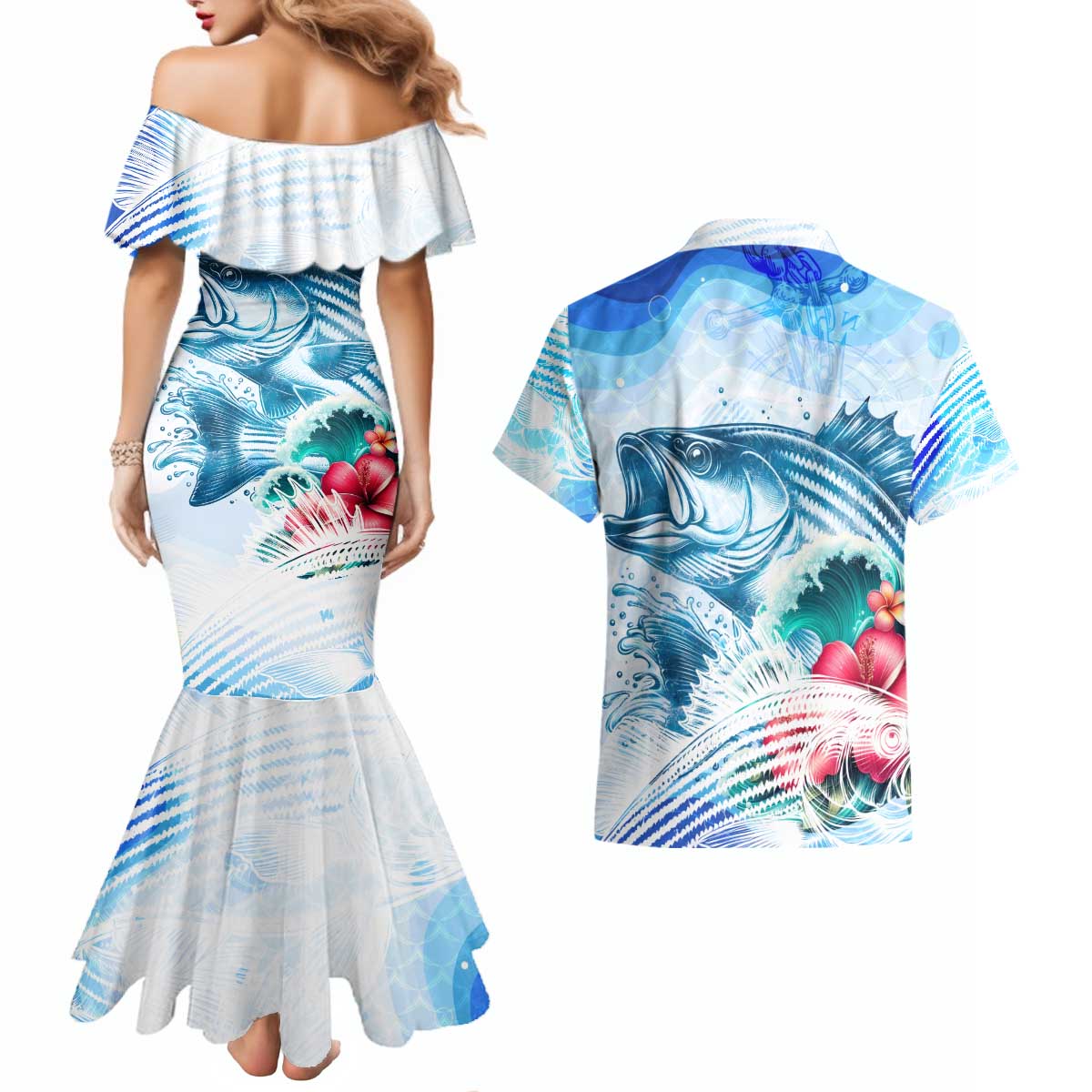 Striped Bass Whisperer Couples Matching Mermaid Dress and Hawaiian Shirt Tropical Wave Fishing Design - Wonder Print Shop