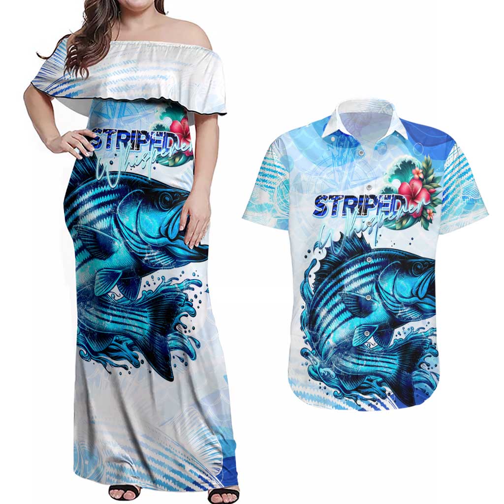 Striped Bass Whisperer Couples Matching Off Shoulder Maxi Dress and Hawaiian Shirt Tropical Wave Fishing Design - Wonder Print Shop