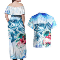Striped Bass Whisperer Couples Matching Off Shoulder Maxi Dress and Hawaiian Shirt Tropical Wave Fishing Design - Wonder Print Shop