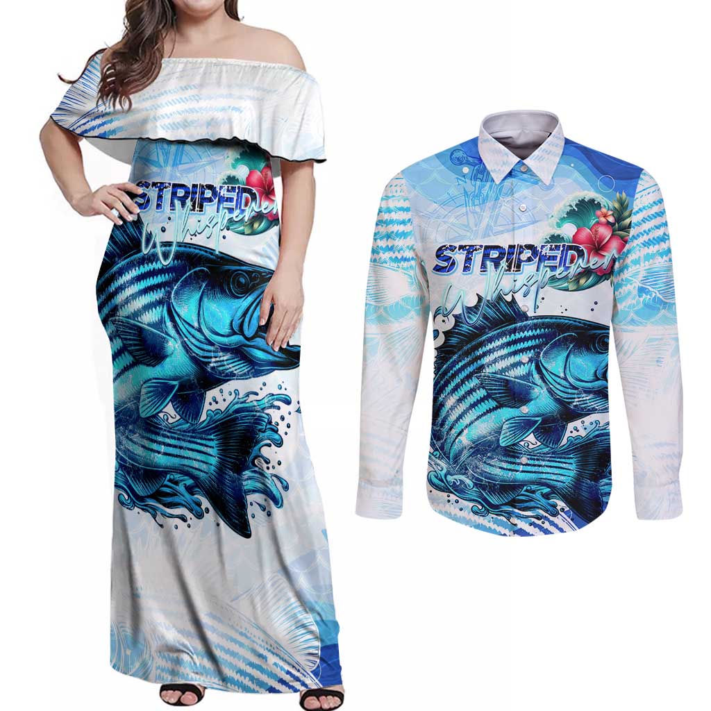 Striped Bass Whisperer Couples Matching Off Shoulder Maxi Dress and Long Sleeve Button Shirt Tropical Wave Fishing Design - Wonder Print Shop