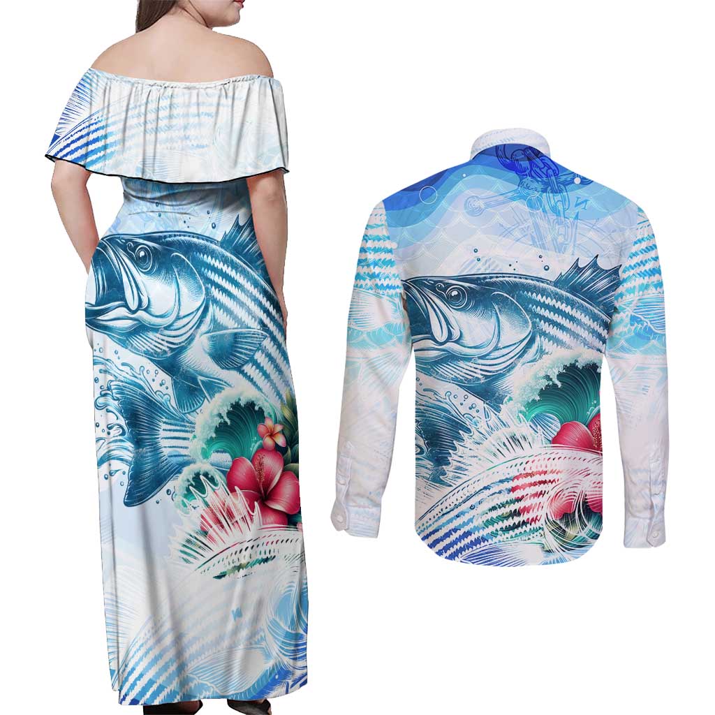 Striped Bass Whisperer Couples Matching Off Shoulder Maxi Dress and Long Sleeve Button Shirt Tropical Wave Fishing Design - Wonder Print Shop