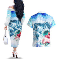 Striped Bass Whisperer Couples Matching Off The Shoulder Long Sleeve Dress and Hawaiian Shirt Tropical Wave Fishing Design - Wonder Print Shop