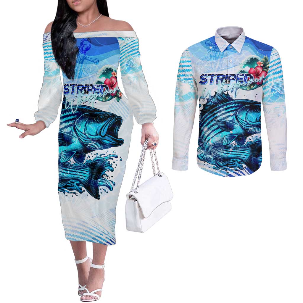 Striped Bass Whisperer Couples Matching Off The Shoulder Long Sleeve Dress and Long Sleeve Button Shirt Tropical Wave Fishing Design - Wonder Print Shop