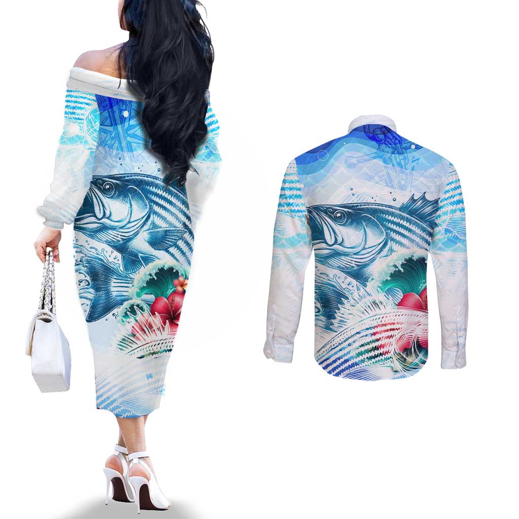 Striped Bass Whisperer Couples Matching Off The Shoulder Long Sleeve Dress and Long Sleeve Button Shirt Tropical Wave Fishing Design - Wonder Print Shop