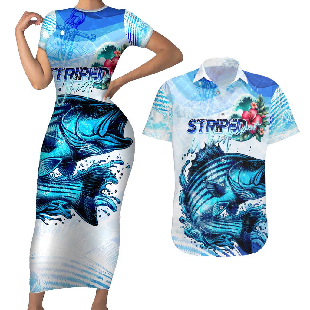 Striped Bass Whisperer Couples Matching Short Sleeve Bodycon Dress and Hawaiian Shirt Tropical Wave Fishing Design - Wonder Print Shop