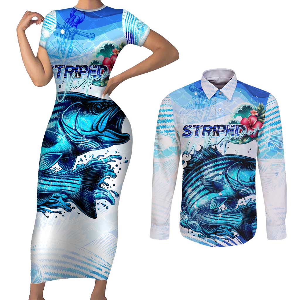 Striped Bass Whisperer Couples Matching Short Sleeve Bodycon Dress and Long Sleeve Button Shirt Tropical Wave Fishing Design - Wonder Print Shop