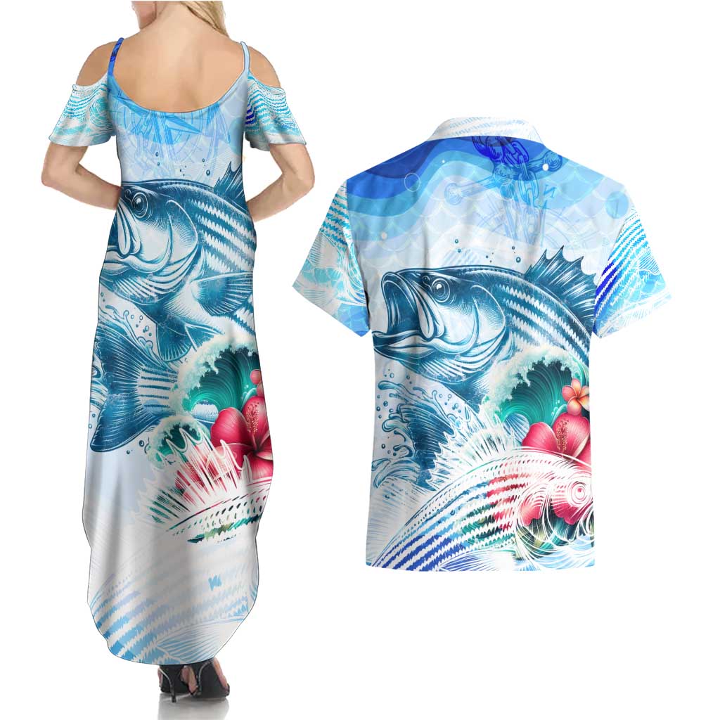 Striped Bass Whisperer Couples Matching Summer Maxi Dress and Hawaiian Shirt Tropical Wave Fishing Design - Wonder Print Shop
