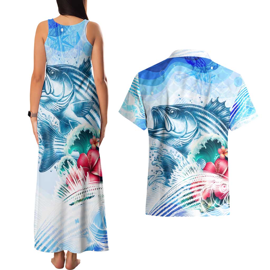 Striped Bass Whisperer Couples Matching Tank Maxi Dress and Hawaiian Shirt Tropical Wave Fishing Design - Wonder Print Shop