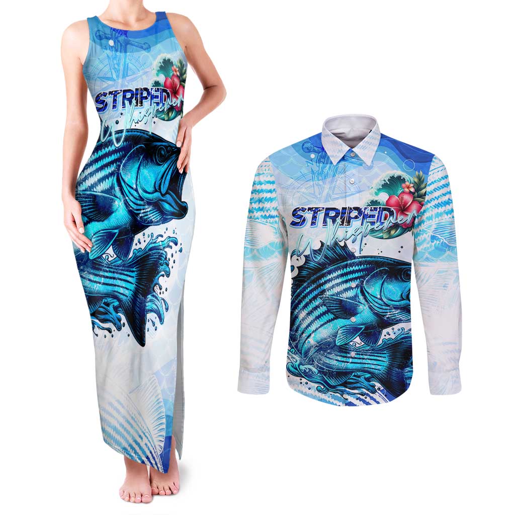 Striped Bass Whisperer Couples Matching Tank Maxi Dress and Long Sleeve Button Shirt Tropical Wave Fishing Design - Wonder Print Shop