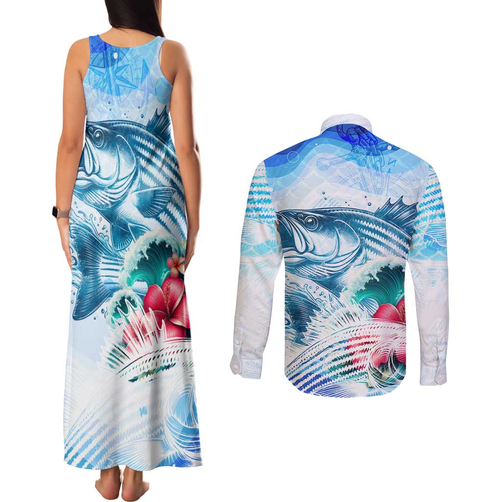 Striped Bass Whisperer Couples Matching Tank Maxi Dress and Long Sleeve Button Shirt Tropical Wave Fishing Design - Wonder Print Shop