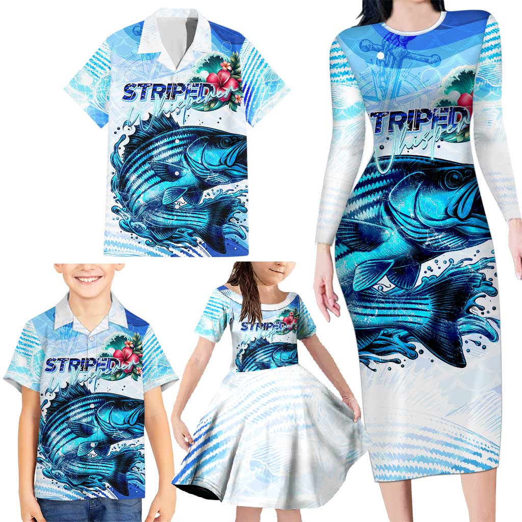 Striped Bass Whisperer Family Matching Long Sleeve Bodycon Dress and Hawaiian Shirt Tropical Wave Fishing Design - Wonder Print Shop
