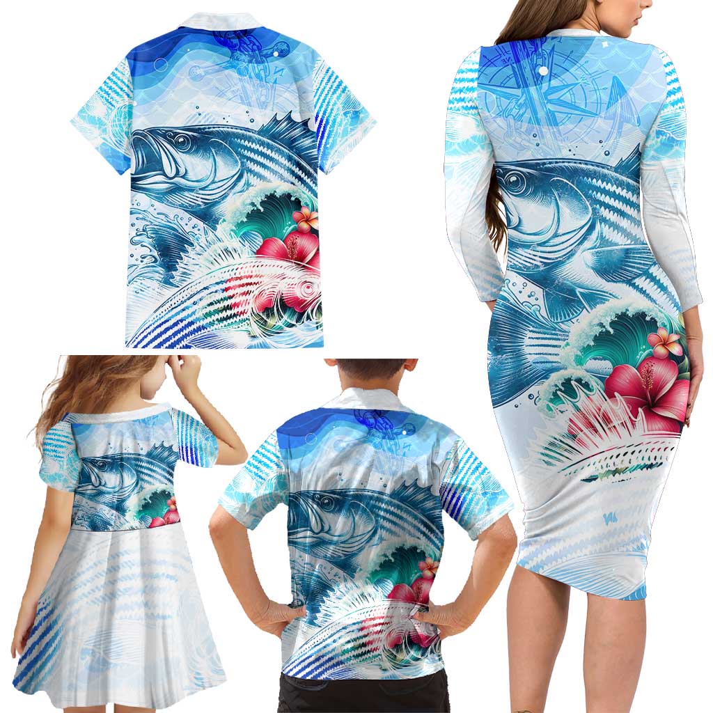 Striped Bass Whisperer Family Matching Long Sleeve Bodycon Dress and Hawaiian Shirt Tropical Wave Fishing Design - Wonder Print Shop