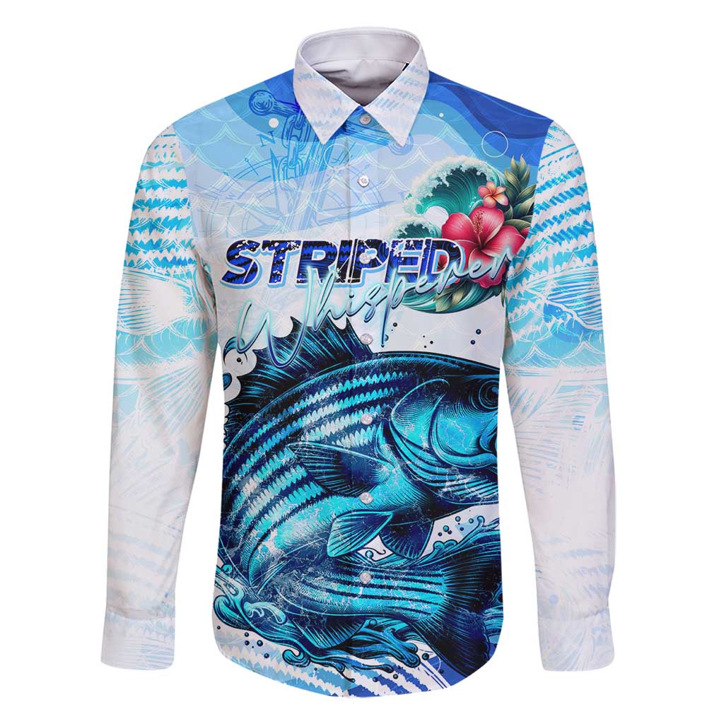 Striped Bass Whisperer Family Matching Long Sleeve Bodycon Dress and Hawaiian Shirt Tropical Wave Fishing Design - Wonder Print Shop