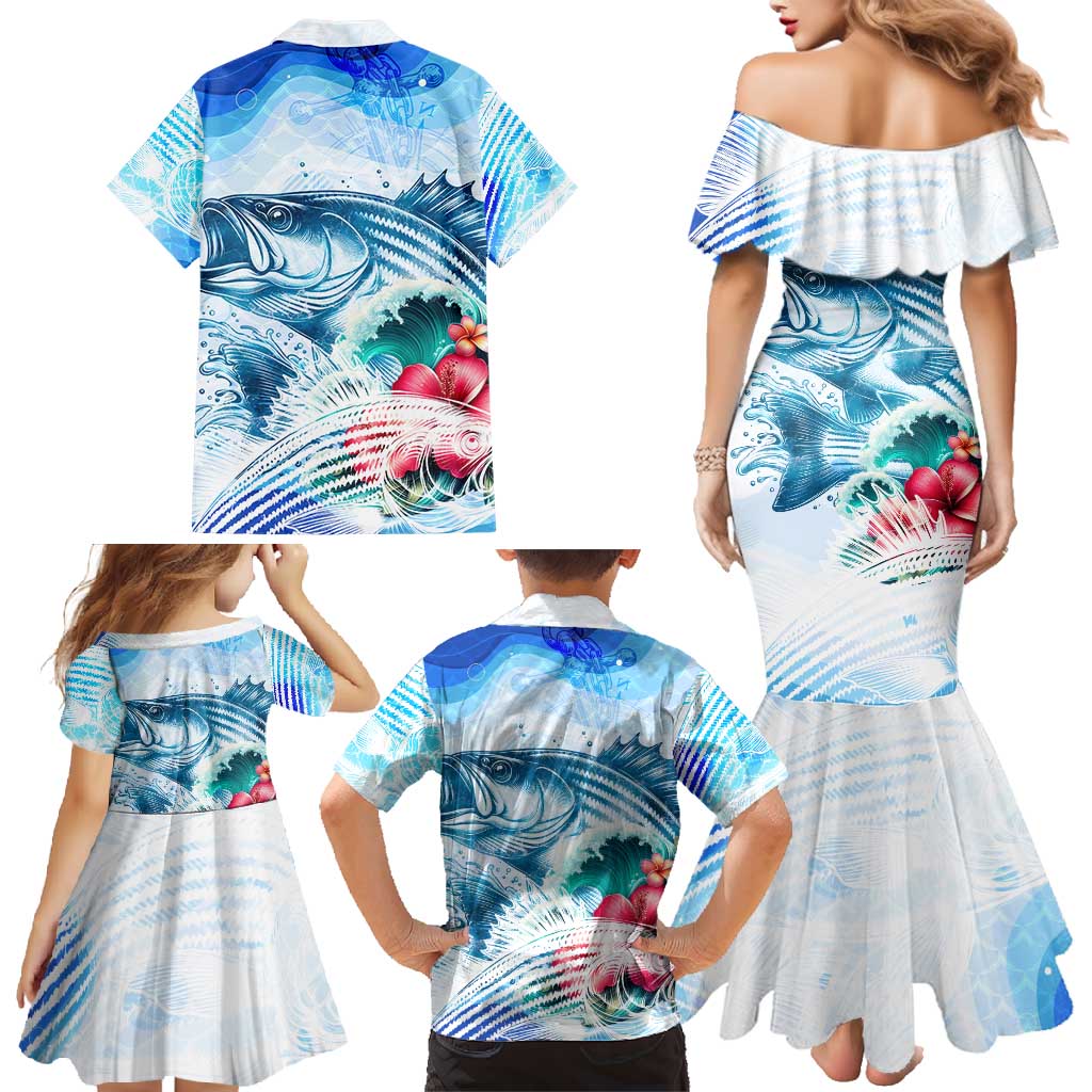 Striped Bass Whisperer Family Matching Mermaid Dress and Hawaiian Shirt Tropical Wave Fishing Design - Wonder Print Shop