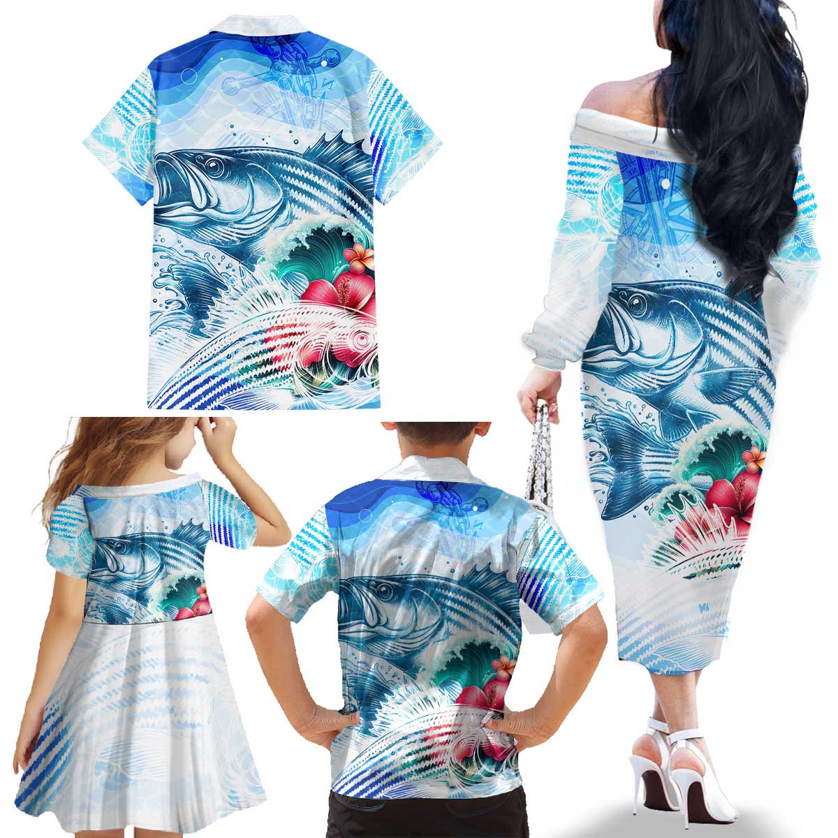Striped Bass Whisperer Family Matching Off The Shoulder Long Sleeve Dress and Hawaiian Shirt Tropical Wave Fishing Design - Wonder Print Shop