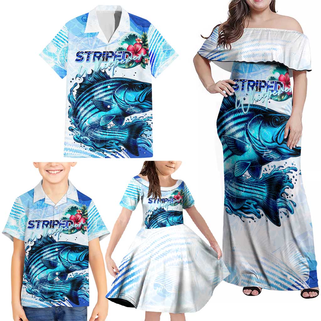 Striped Bass Whisperer Family Matching Off Shoulder Maxi Dress and Hawaiian Shirt Tropical Wave Fishing Design - Wonder Print Shop
