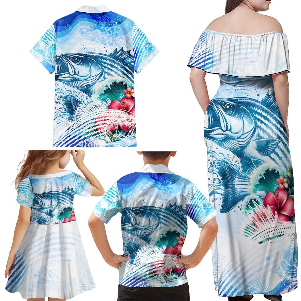 Striped Bass Whisperer Family Matching Off Shoulder Maxi Dress and Hawaiian Shirt Tropical Wave Fishing Design - Wonder Print Shop