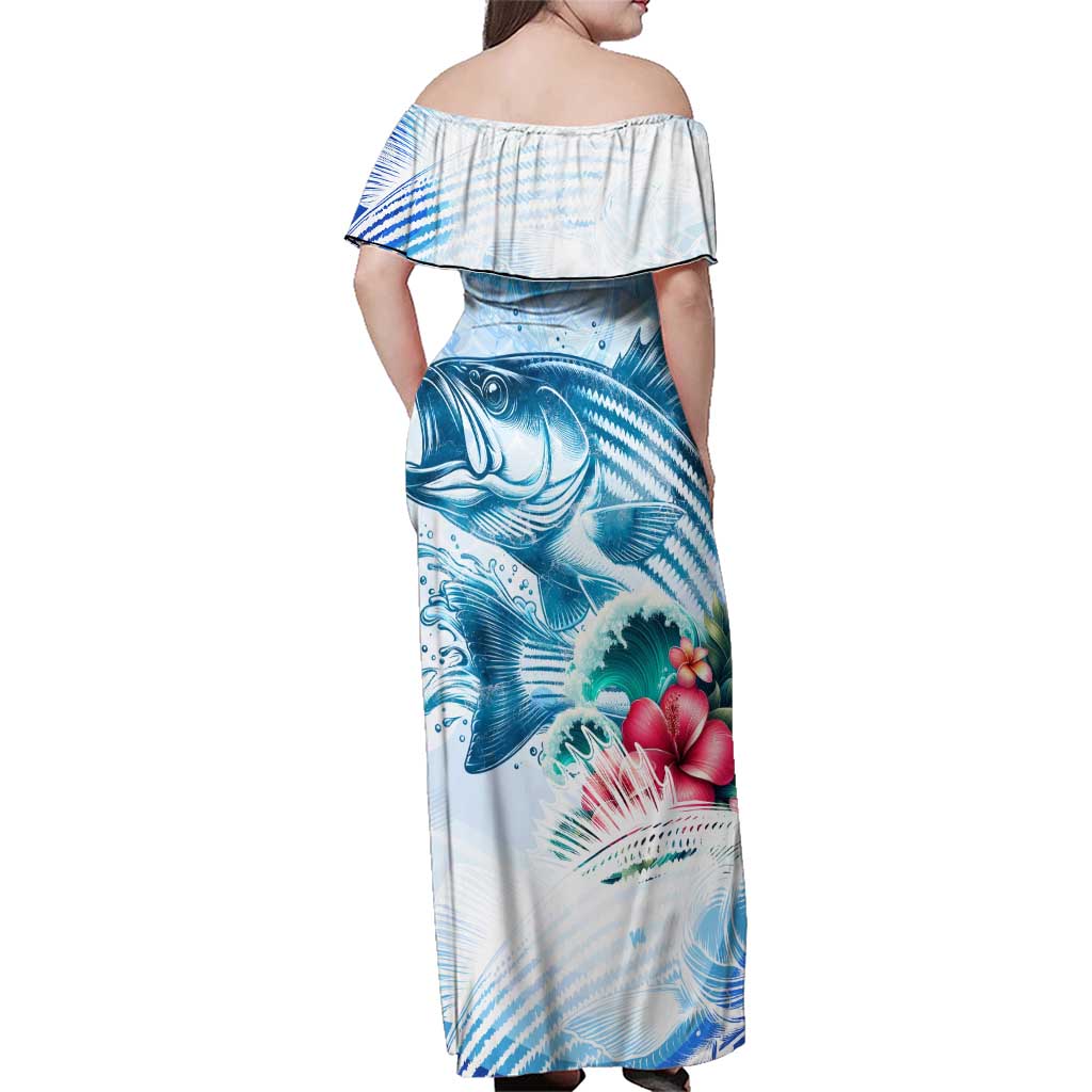 Striped Bass Whisperer Family Matching Off Shoulder Maxi Dress and Hawaiian Shirt Tropical Wave Fishing Design - Wonder Print Shop