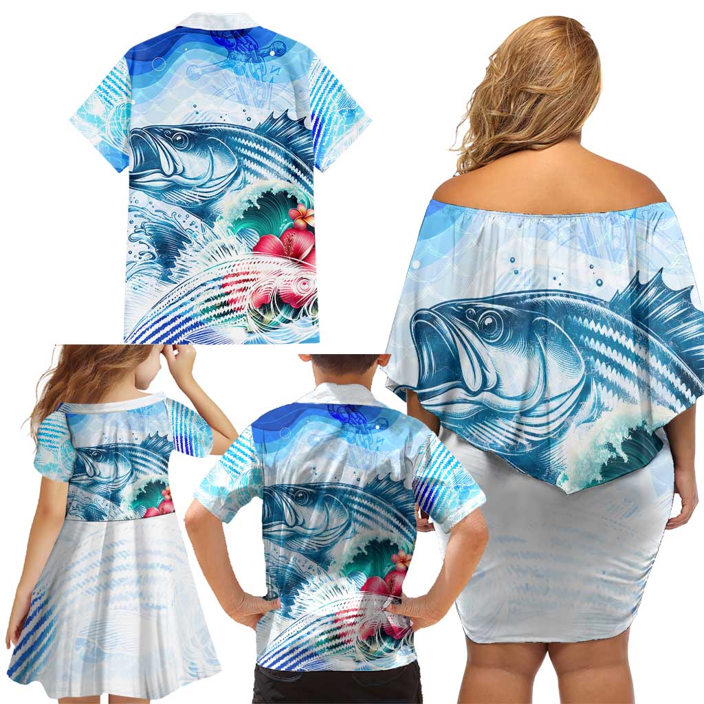 Striped Bass Whisperer Family Matching Off Shoulder Short Dress and Hawaiian Shirt Tropical Wave Fishing Design - Wonder Print Shop