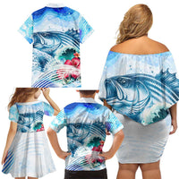 Striped Bass Whisperer Family Matching Off Shoulder Short Dress and Hawaiian Shirt Tropical Wave Fishing Design - Wonder Print Shop