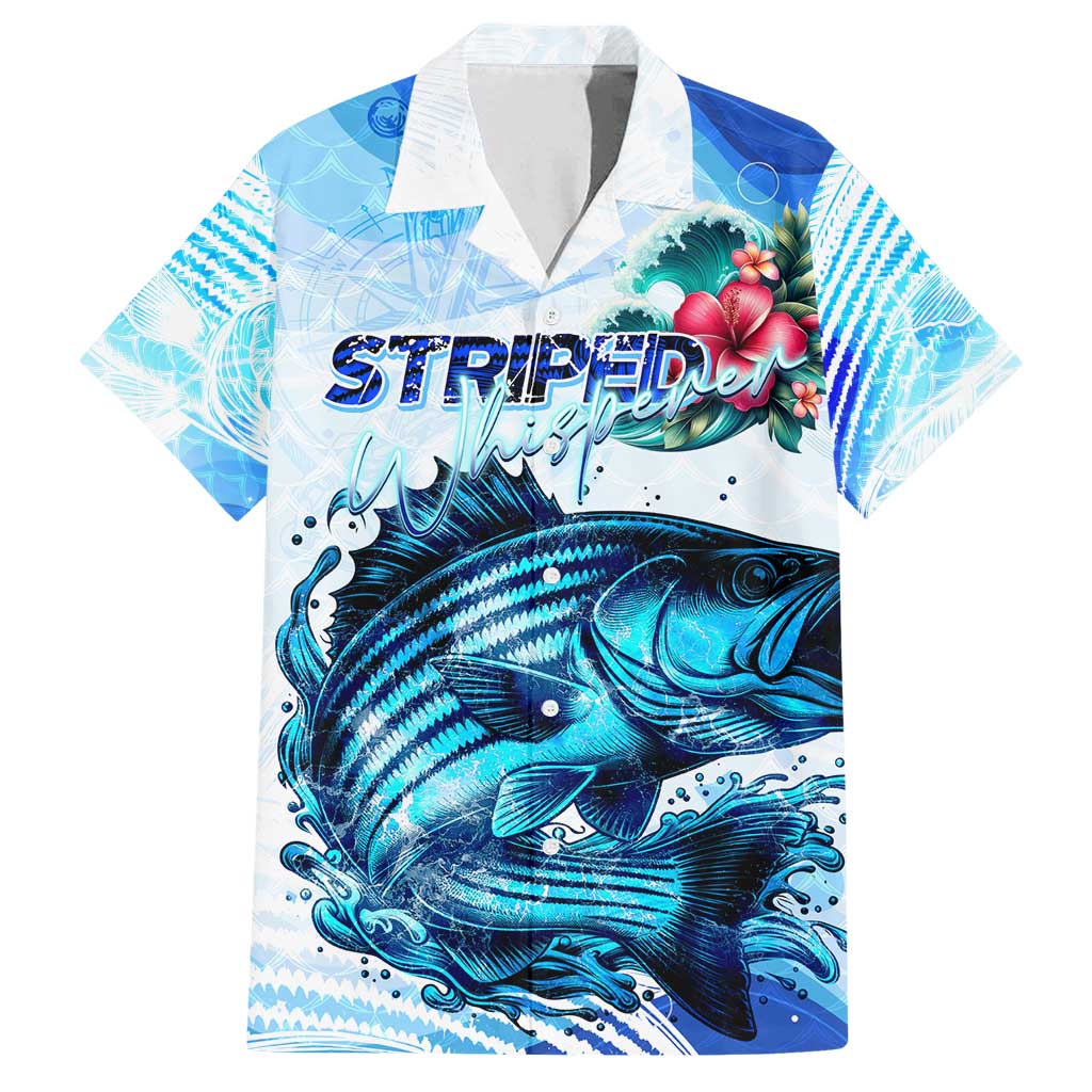 Striped Bass Whisperer Family Matching Off Shoulder Short Dress and Hawaiian Shirt Tropical Wave Fishing Design - Wonder Print Shop