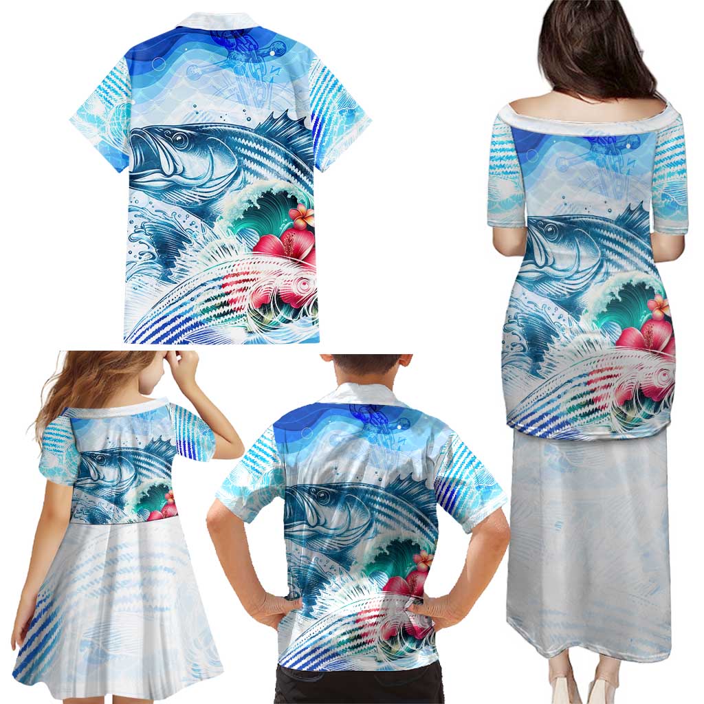 Striped Bass Whisperer Family Matching Puletasi and Hawaiian Shirt Tropical Wave Fishing Design - Wonder Print Shop