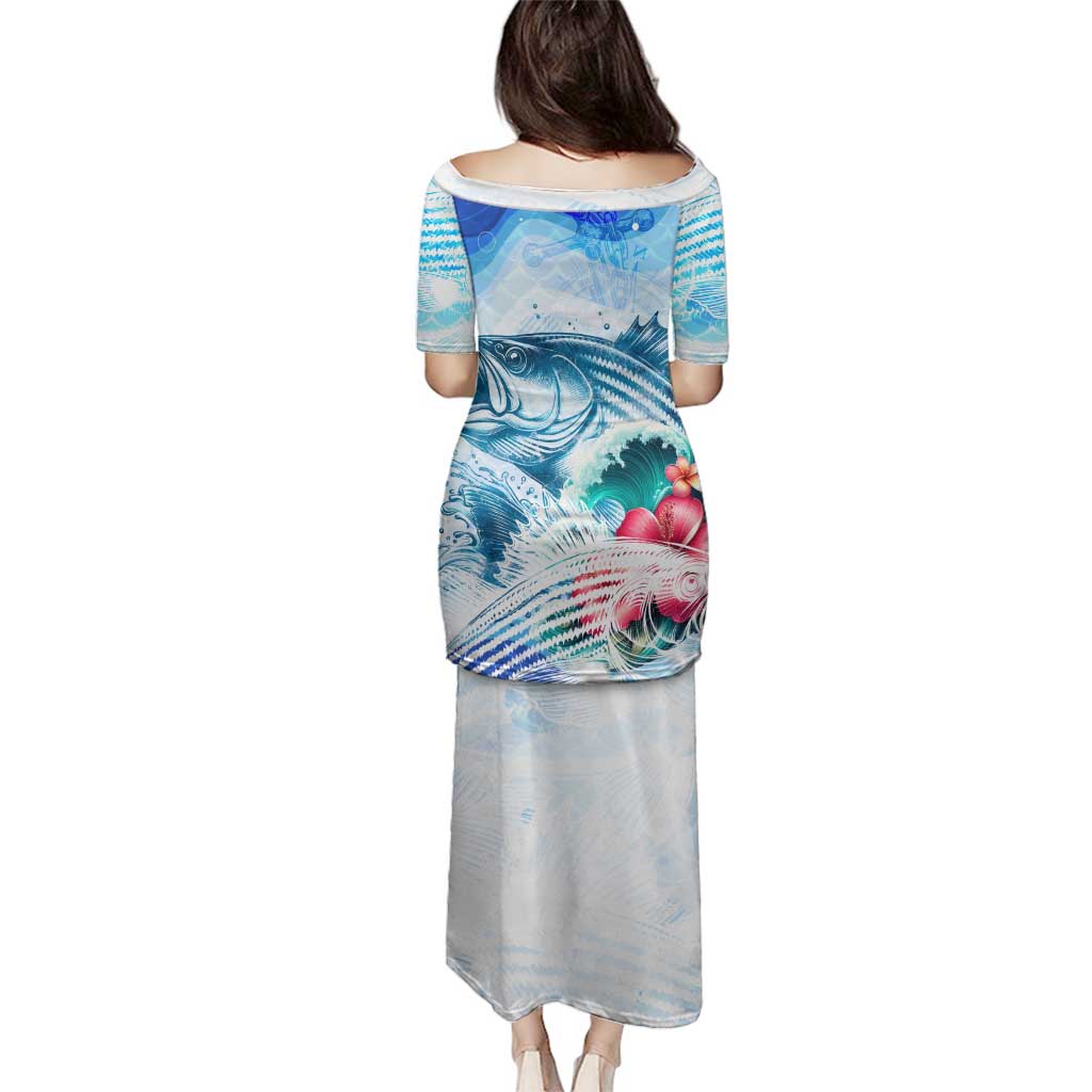 Striped Bass Whisperer Family Matching Puletasi and Hawaiian Shirt Tropical Wave Fishing Design - Wonder Print Shop