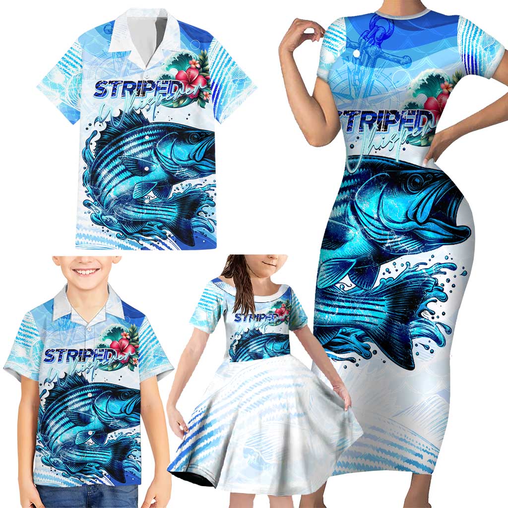 Striped Bass Whisperer Family Matching Short Sleeve Bodycon Dress and Hawaiian Shirt Tropical Wave Fishing Design - Wonder Print Shop