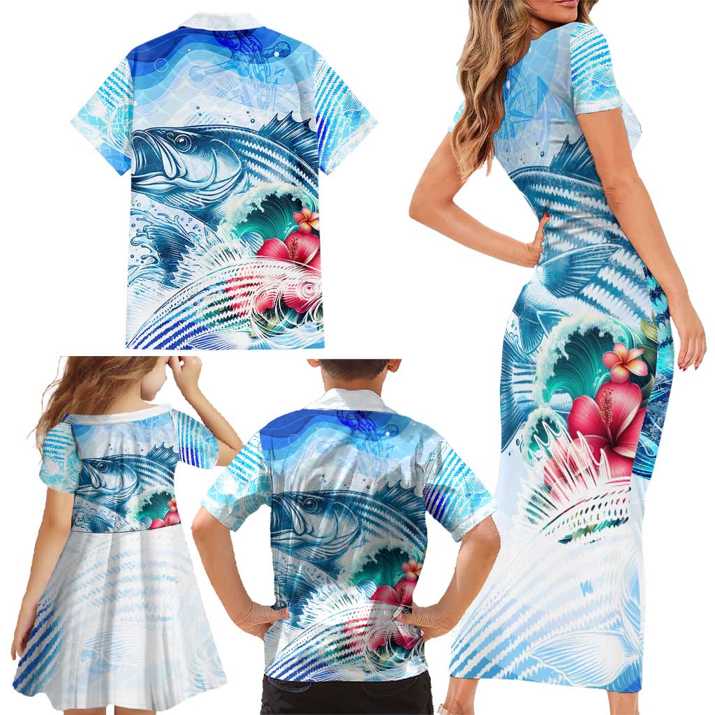 Striped Bass Whisperer Family Matching Short Sleeve Bodycon Dress and Hawaiian Shirt Tropical Wave Fishing Design - Wonder Print Shop