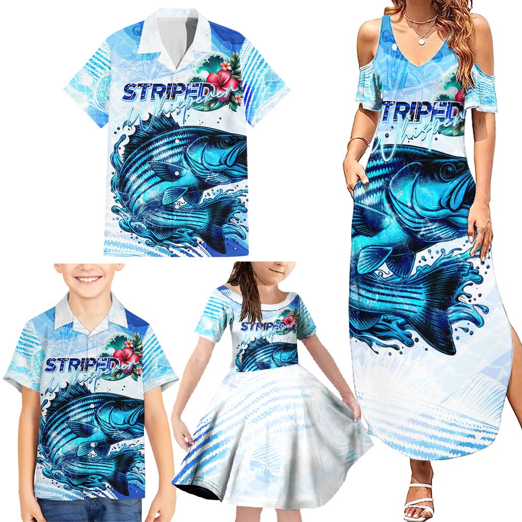 Striped Bass Whisperer Family Matching Summer Maxi Dress and Hawaiian Shirt Tropical Wave Fishing Design - Wonder Print Shop