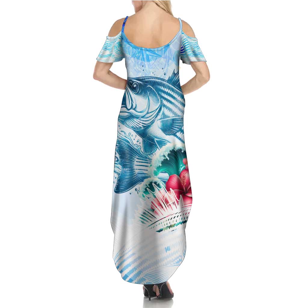 Striped Bass Whisperer Family Matching Summer Maxi Dress and Hawaiian Shirt Tropical Wave Fishing Design - Wonder Print Shop