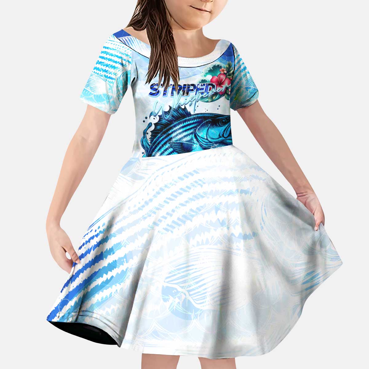 Striped Bass Whisperer Kid Short Sleeve Dress Tropical Wave Fishing Design - Wonder Print Shop