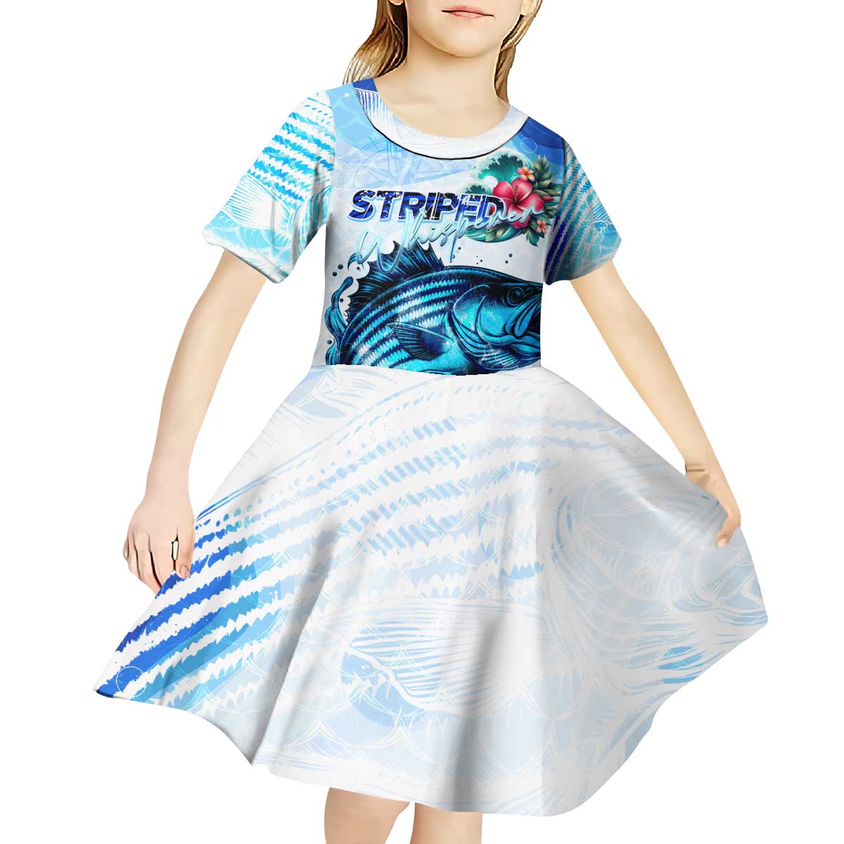 Striped Bass Whisperer Kid Short Sleeve Dress Tropical Wave Fishing Design - Wonder Print Shop