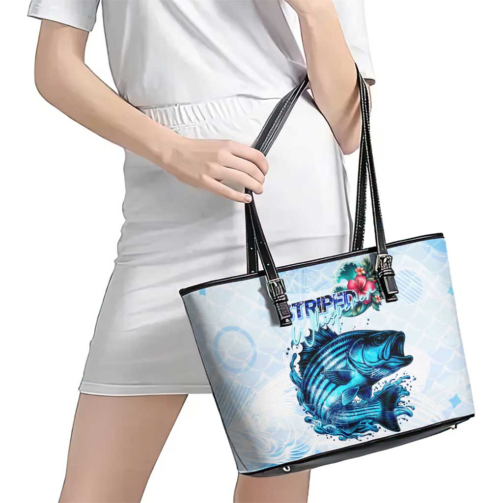 Striped Bass Whisperer Leather Tote Bag Tropical Wave Fishing Design - Wonder Print Shop